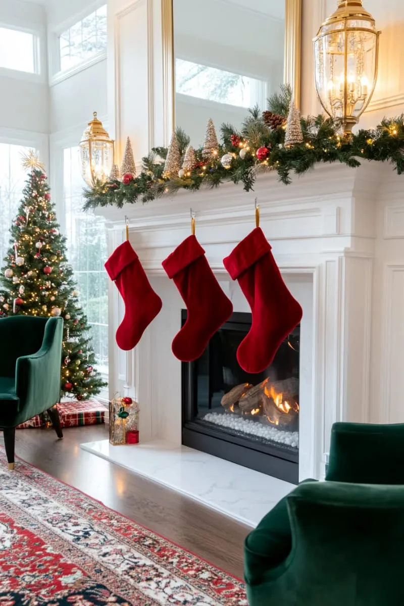oversized red velvet stockings and metallic lanterns with twinkle lights 1