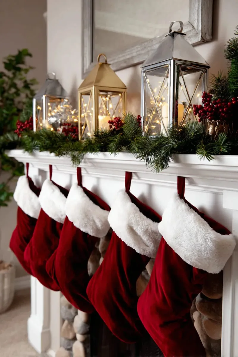oversized red velvet stockings and metallic lanterns with twinkle lights 1
