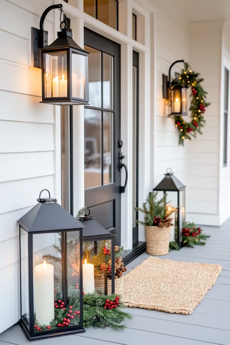 oversized rustic lanterns with pillar candles and eucalyptus sprigs beside the door 1