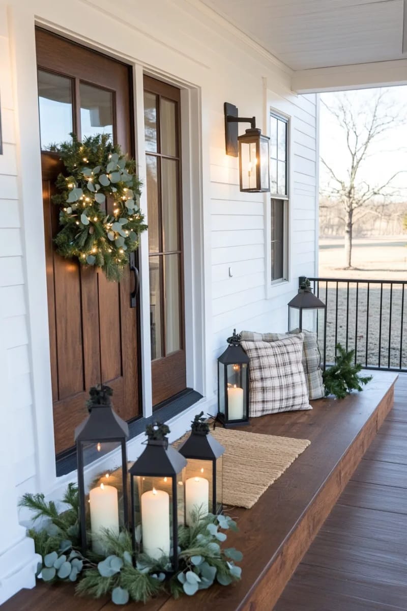 oversized rustic lanterns with pillar candles and eucalyptus sprigs beside the door 1
