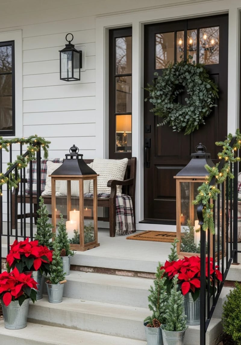 oversized rustic lanterns with pillar candles and eucalyptus sprigs beside the door 1