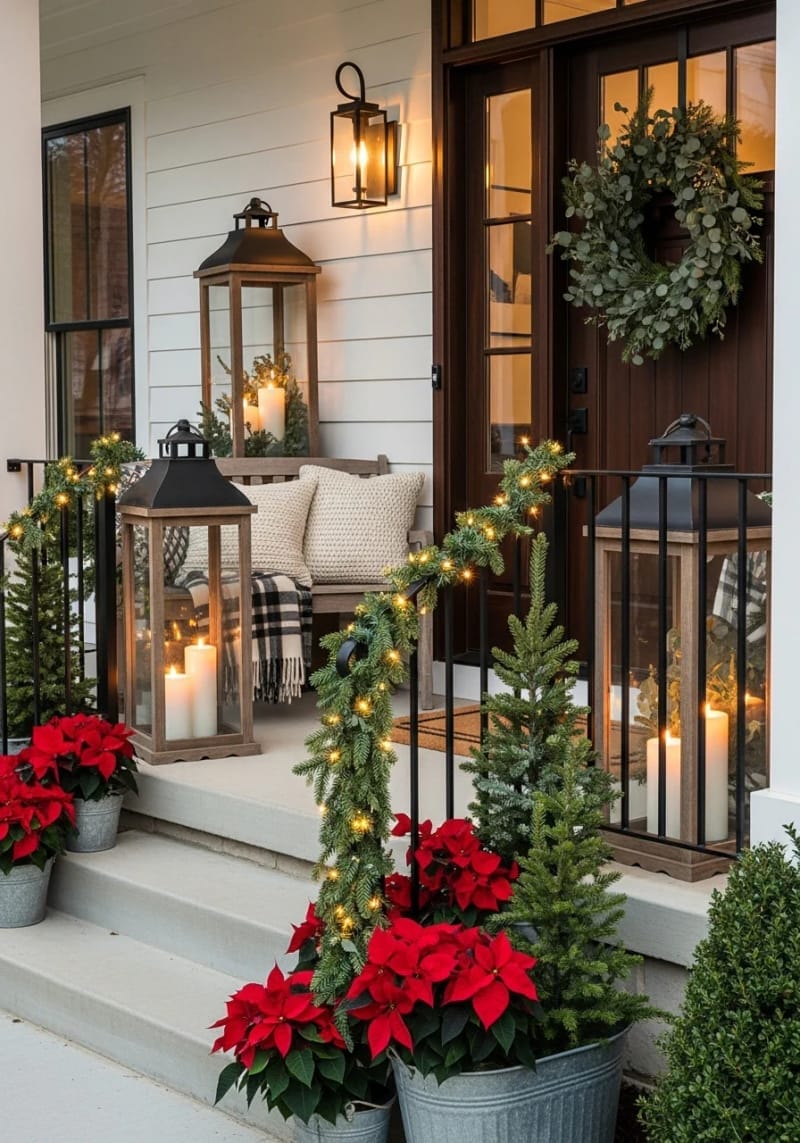 oversized rustic lanterns with pillar candles and eucalyptus sprigs beside the door 1