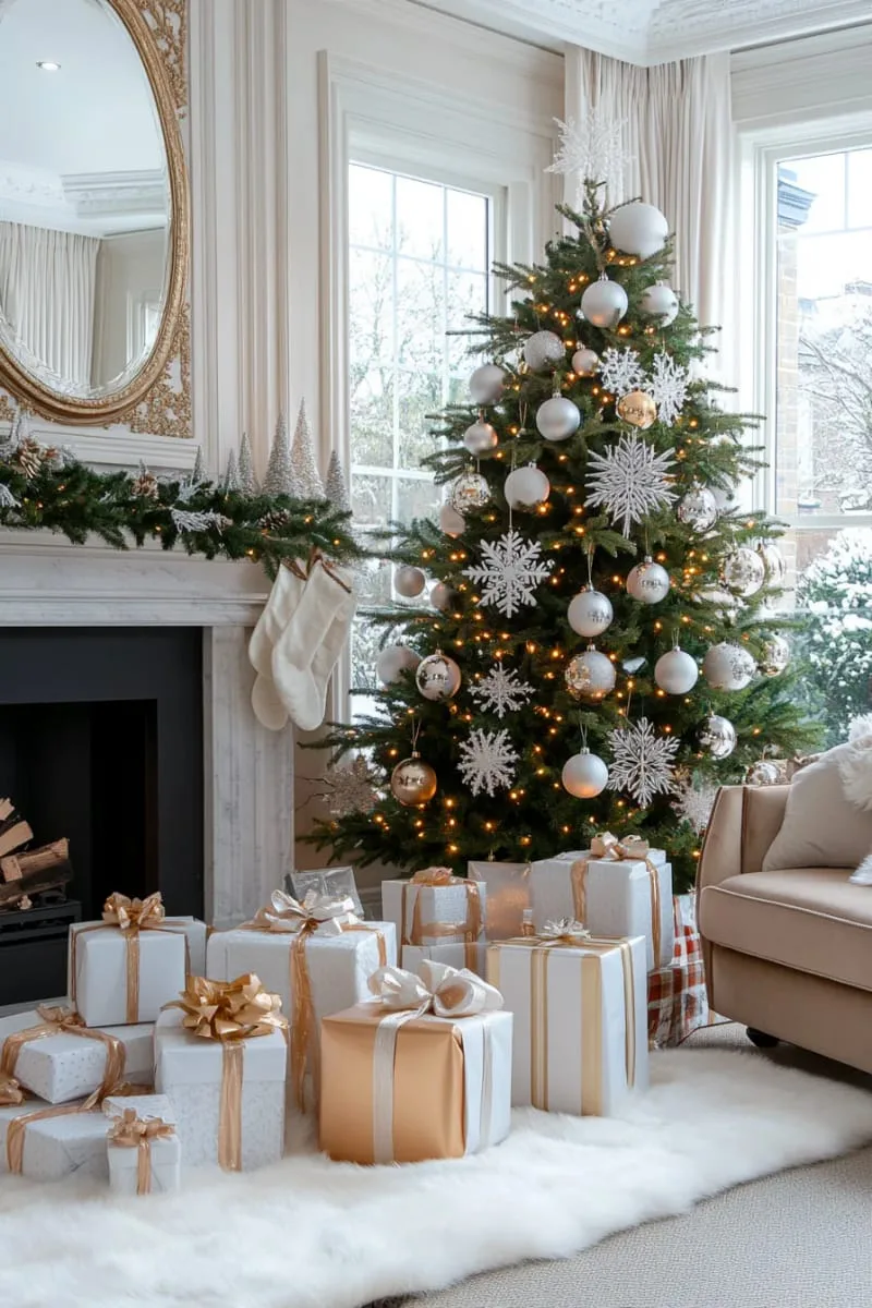 oversized snowflake ornaments paired with wrapped presents under tree 1