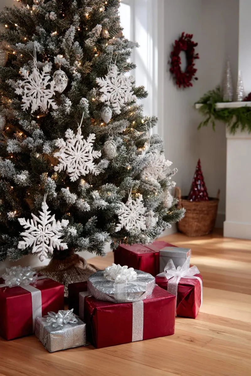 oversized snowflake ornaments paired with wrapped presents under tree 1
