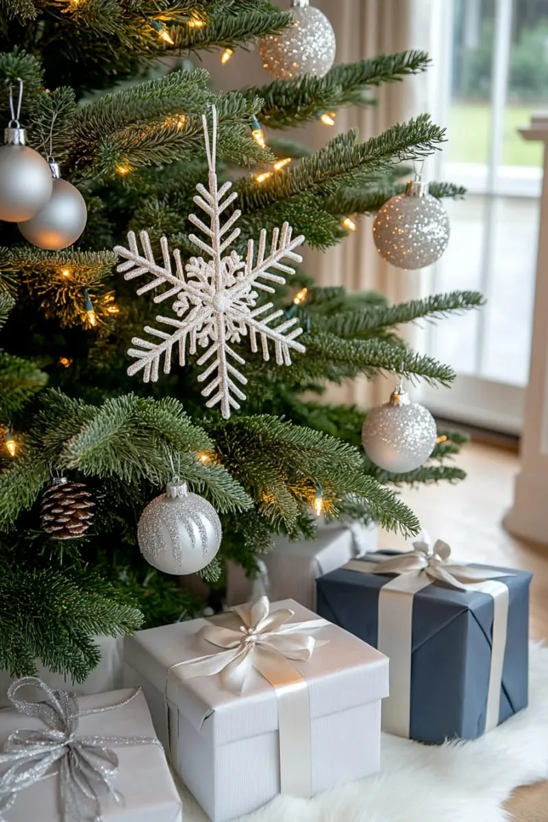oversized snowflake ornaments paired with wrapped presents under tree 1