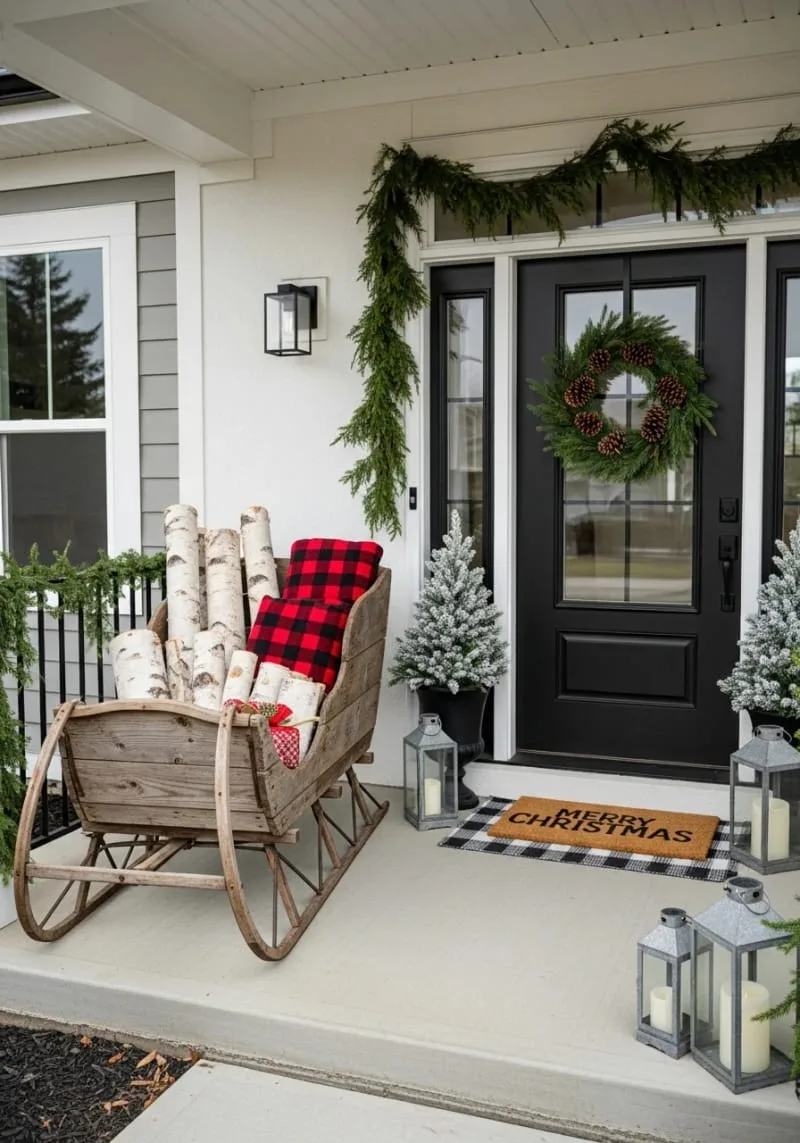 15 Charming Modern Farmhouse Christmas Decor Ideas for a Front Porch 4 oversized wooden sleigh filled with birch logs and buffalo plaid throw blankets 1