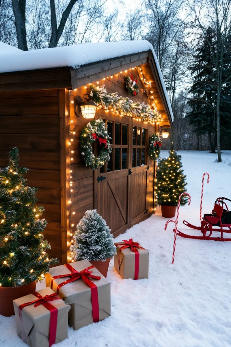 oversized wrapped gift boxes made from mesh and fairy lights under trees 1