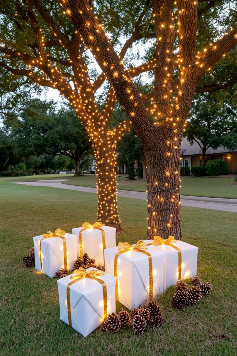 oversized wrapped gift boxes made from mesh and fairy lights under trees 1