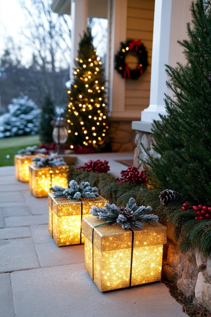 oversized wrapped gift boxes made from mesh and fairy lights under trees 1