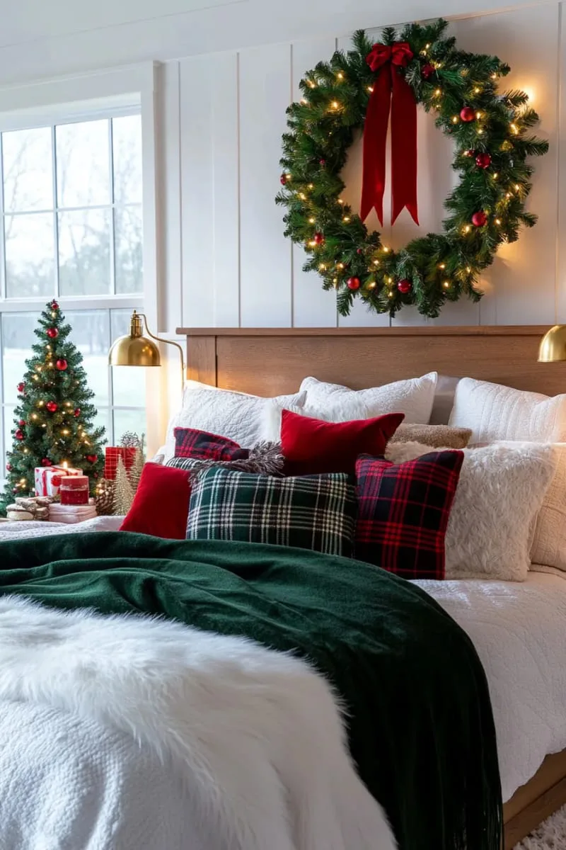 oversized wreath hung above bed with velvet ribbon and fairy lights 1