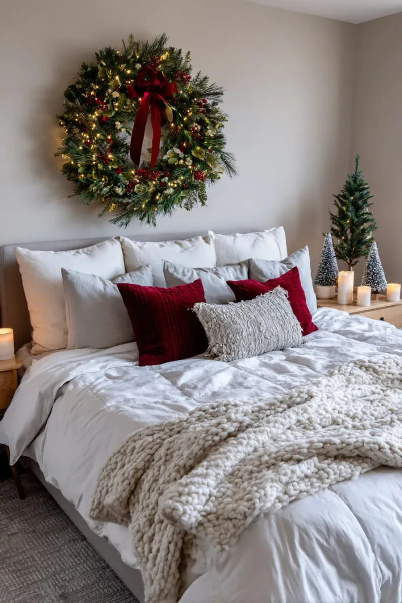 oversized wreath hung above bed with velvet ribbon and fairy lights 1