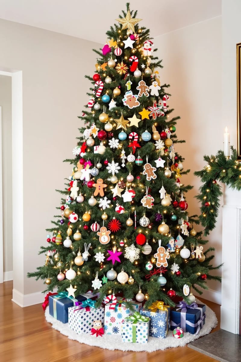 23 Kitsch Christmas Decor Ideas Full of Color, Whimsy, and Cheer 52 overstuffed tree with playful plastic, metallic, and felt decorations 1