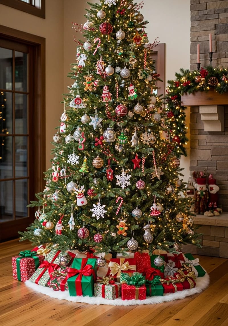 23 Kitsch Christmas Decor Ideas Full of Color, Whimsy, and Cheer 53 overstuffed tree with playful plastic, metallic, and felt decorations 1