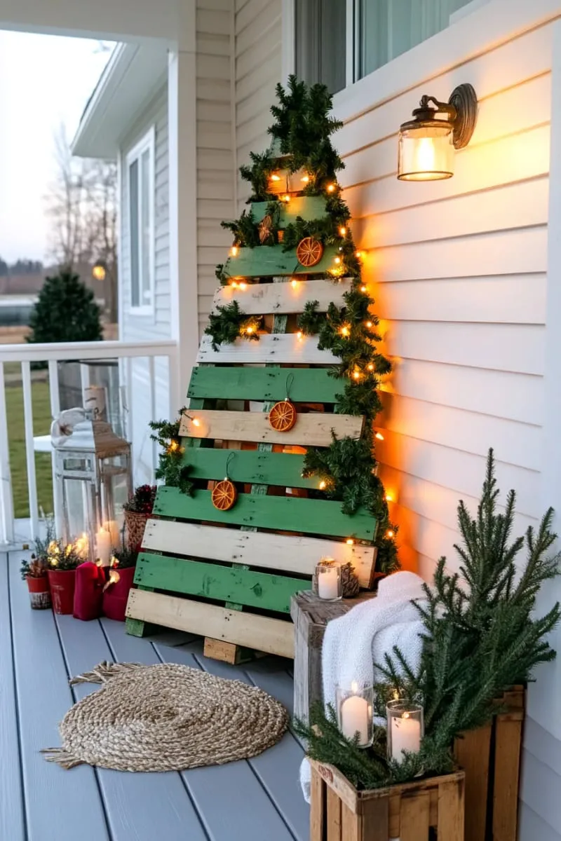 27 Sustainable Christmas Trees For Cheap and Eco-Friendly Decor 62 paint old pallets green and lean them together for a recycled outdoor christmas tree. 1