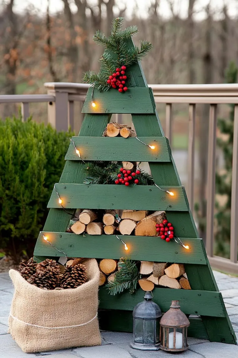 27 Sustainable Christmas Trees For Cheap and Eco-Friendly Decor 63 paint old pallets green and lean them together for a recycled outdoor christmas tree. 1