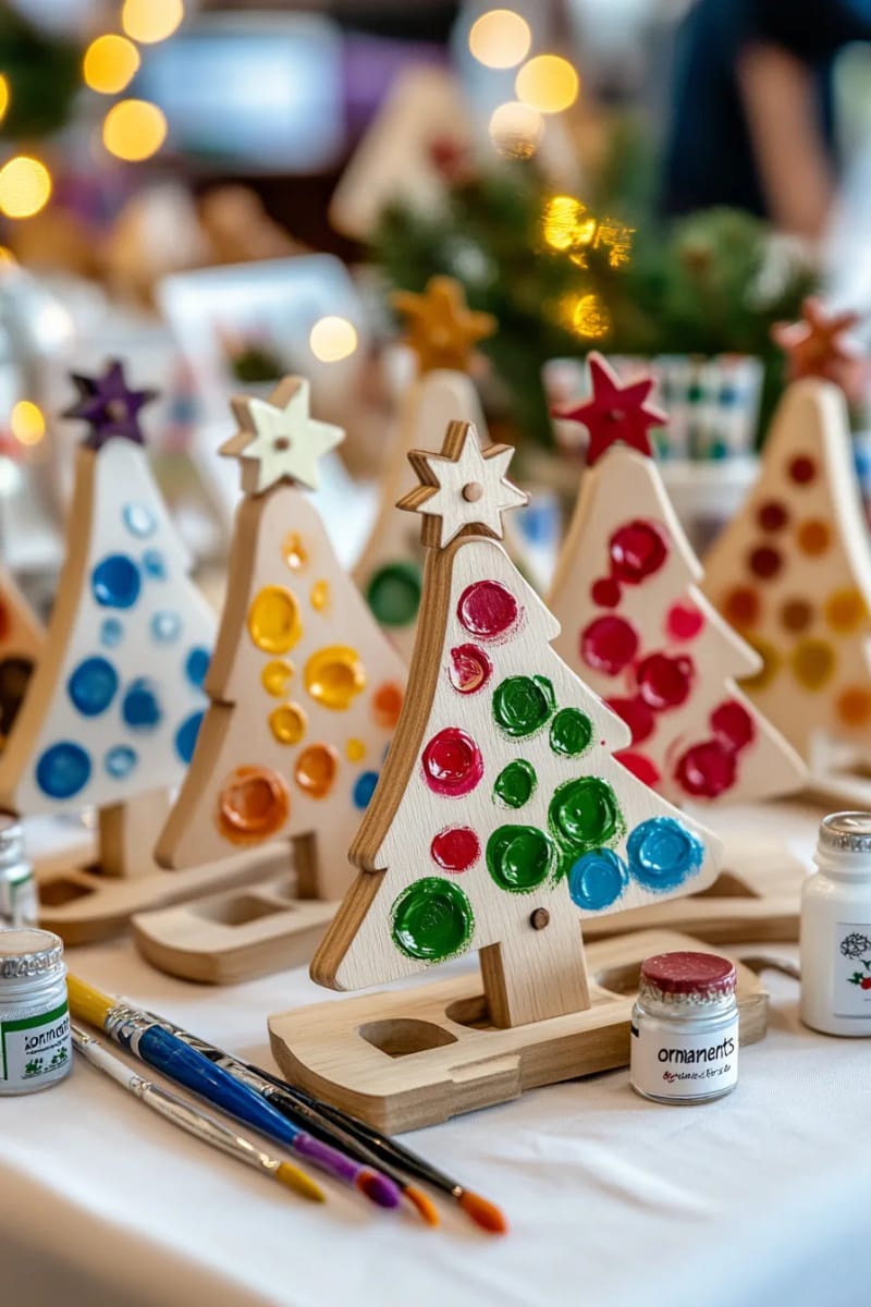paint palette christmas trees with colorful thumbprint “ornaments” 1