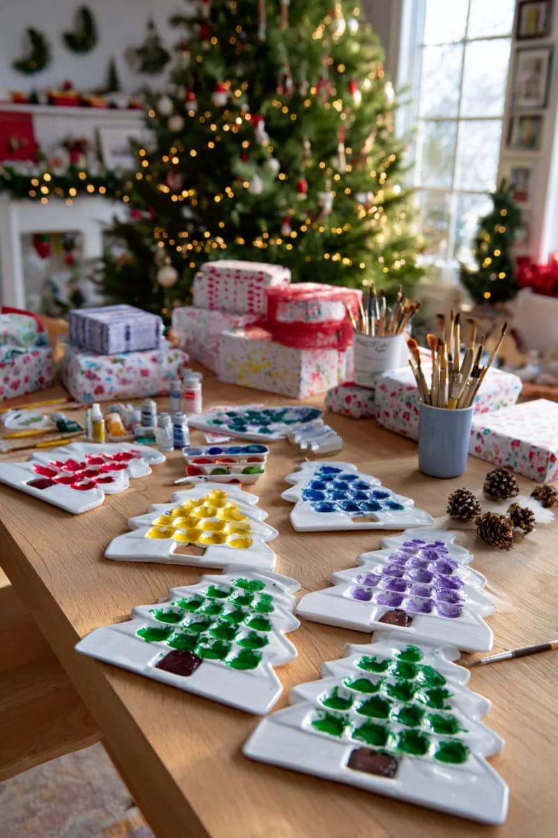 paint palette christmas trees with colorful thumbprint “ornaments” 1