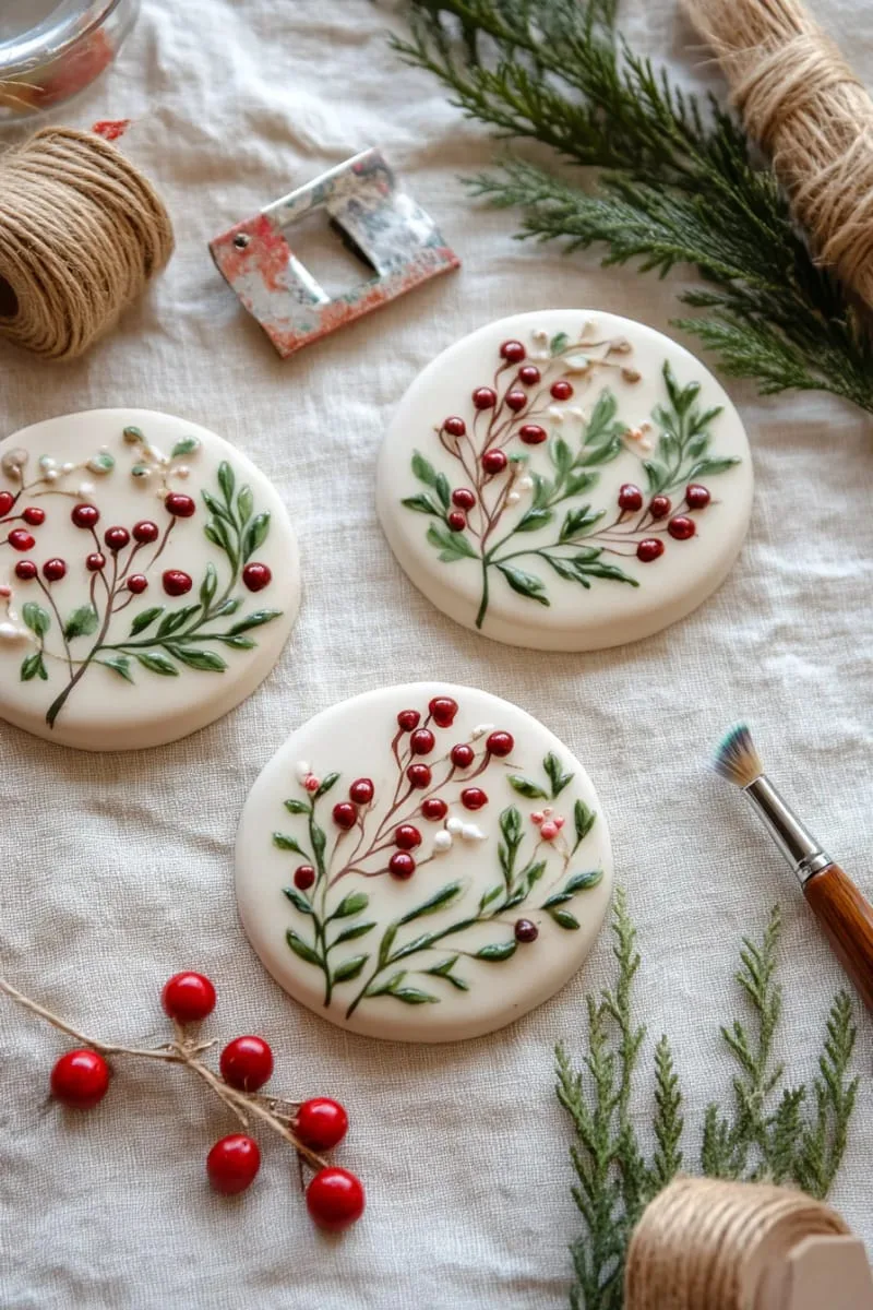27 Stunning Christmas Decoration Crafts for a Unique 2025 79 painted clay disc wreaths with tiny red berries and green leaves 1