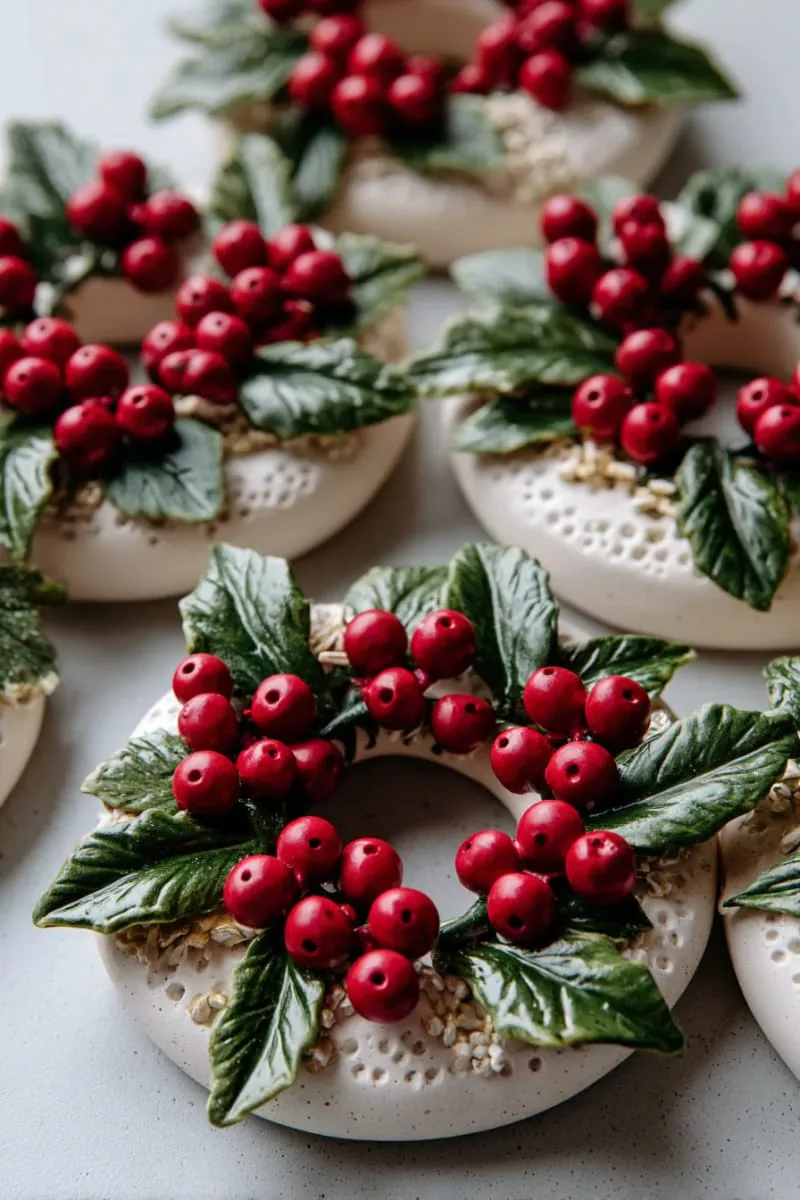 27 Stunning Christmas Decoration Crafts for a Unique 2025 80 painted clay disc wreaths with tiny red berries and green leaves 1