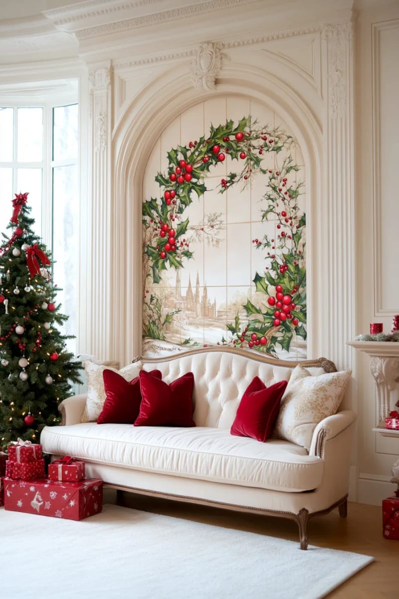 25 Best Christmas Window Decor Ideas to Try This Year 47 painted window mural with holly, berries, and twinkling christmas lights. 1