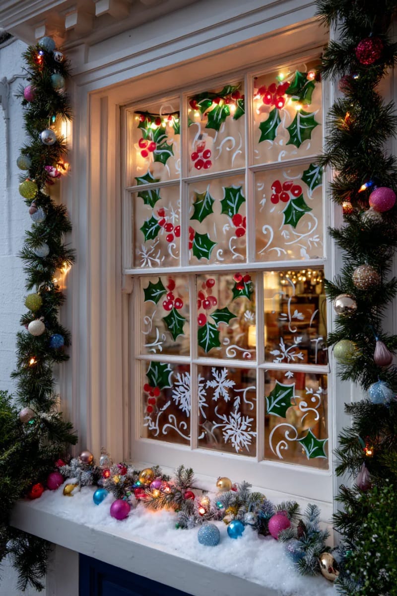 25 Best Christmas Window Decor Ideas to Try This Year 48 painted window mural with holly, berries, and twinkling christmas lights. 1