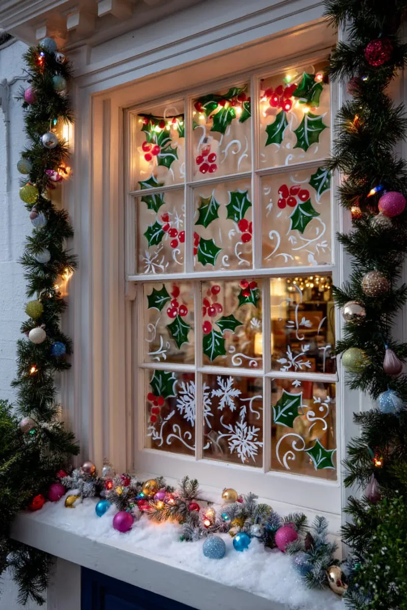 25 Best Christmas Window Decor Ideas to Try This Year 87 painted window mural with holly, berries, and twinkling christmas lights. 1
