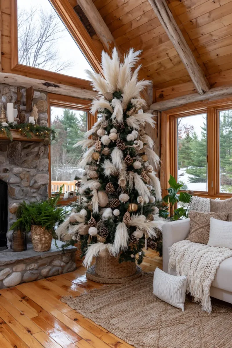 pampas grass christmas tree with neutral woven basket base 1