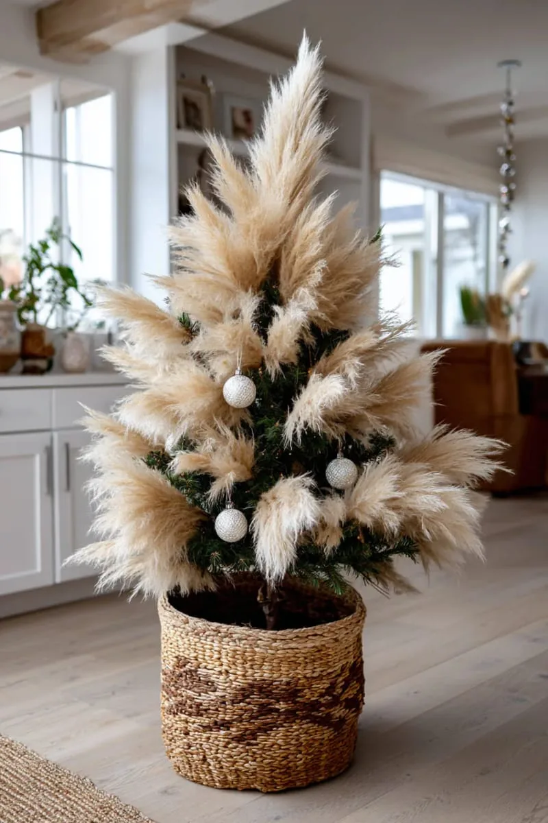 pampas grass christmas tree with neutral woven basket base 1