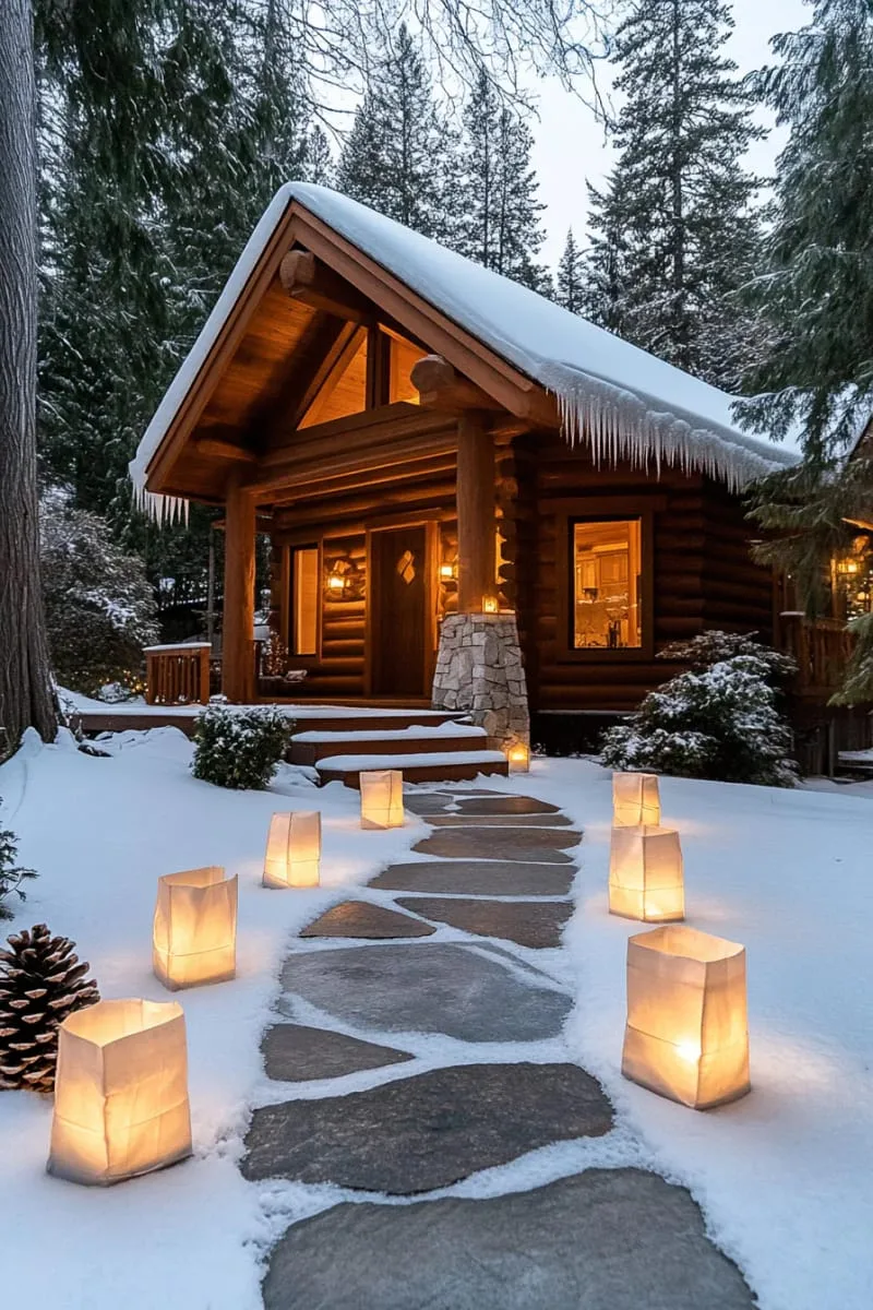 paper bag luminaries lining a snowy cabin walkway 1