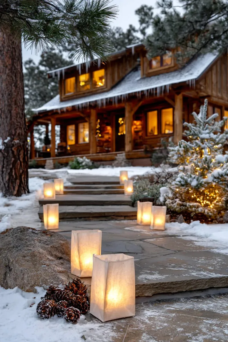 paper bag luminaries lining a snowy cabin walkway 1