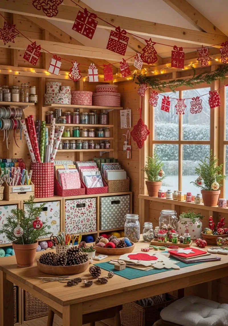 paper cutout garland with red stars, gifts, and christmas trees 1