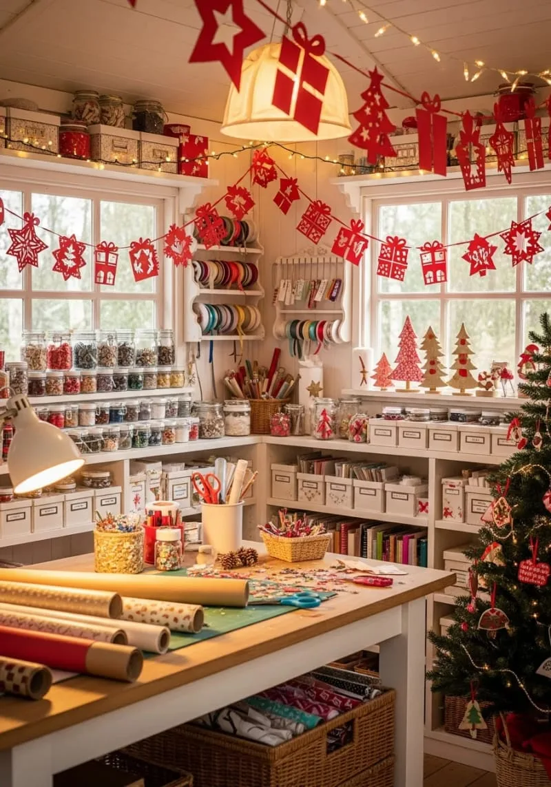 paper cutout garland with red stars, gifts, and christmas trees 1