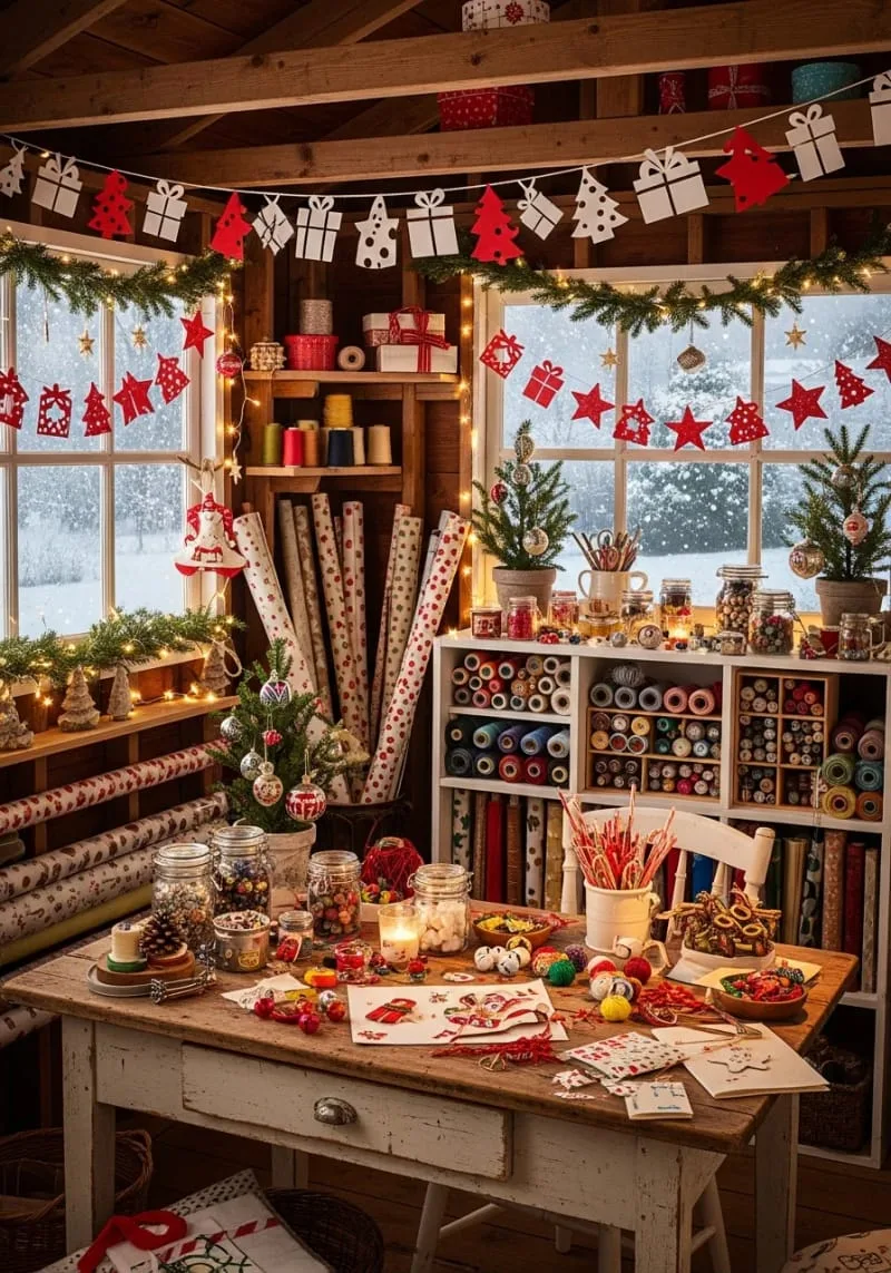 paper cutout garland with red stars, gifts, and christmas trees 1