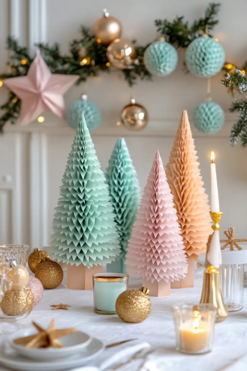 paper honeycomb christmas trees in pastel colors for tabletop displays 1