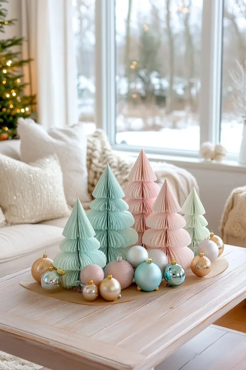 paper honeycomb christmas trees in pastel colors for tabletop displays 1