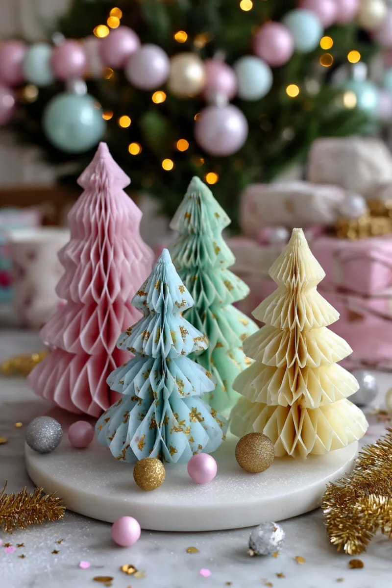 paper honeycomb christmas trees in pastel colors for tabletop displays 1