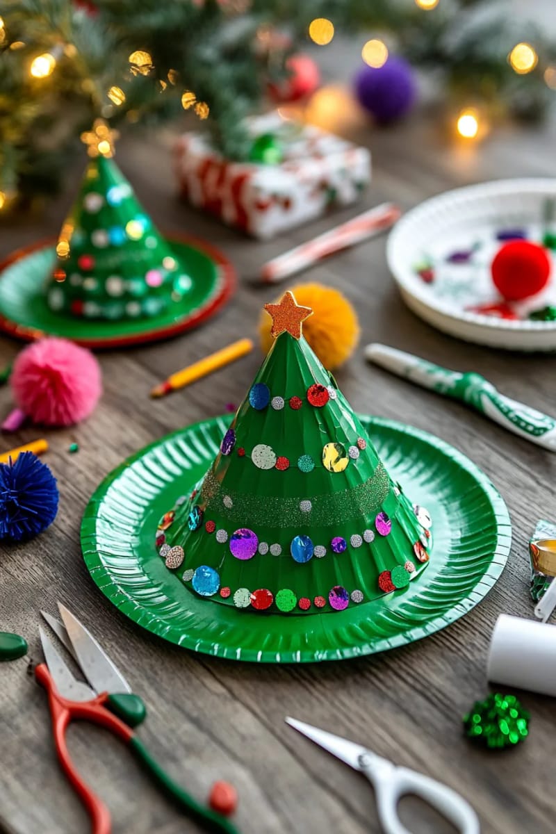 23 Kids Christmas Tree Ideas Full of Color, Whimsy, and Holiday Cheer 10 paper plate christmas trees painted and decorated with sparkly sequins 1