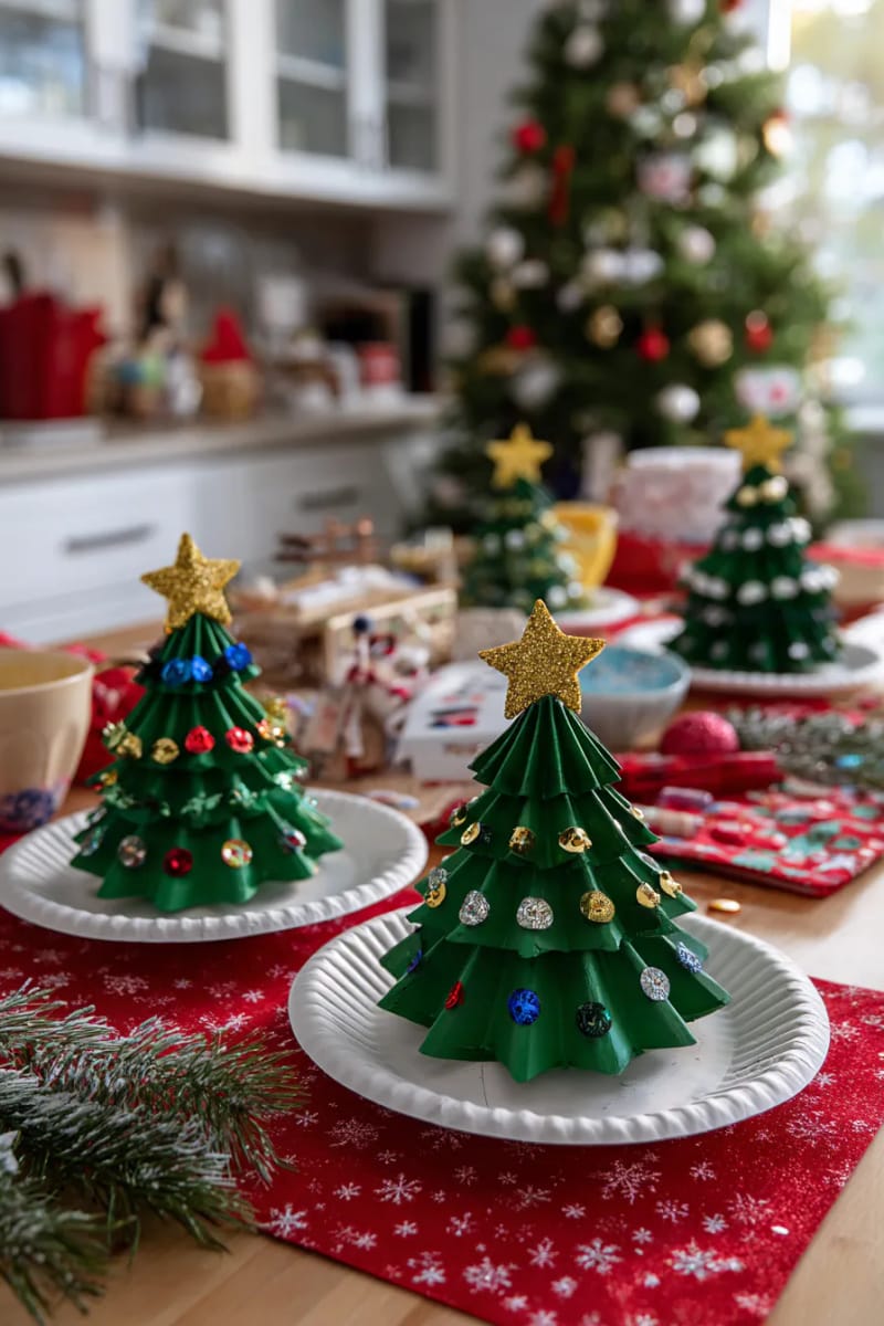 23 Kids Christmas Tree Ideas Full of Color, Whimsy, and Holiday Cheer 11 paper plate christmas trees painted and decorated with sparkly sequins 1