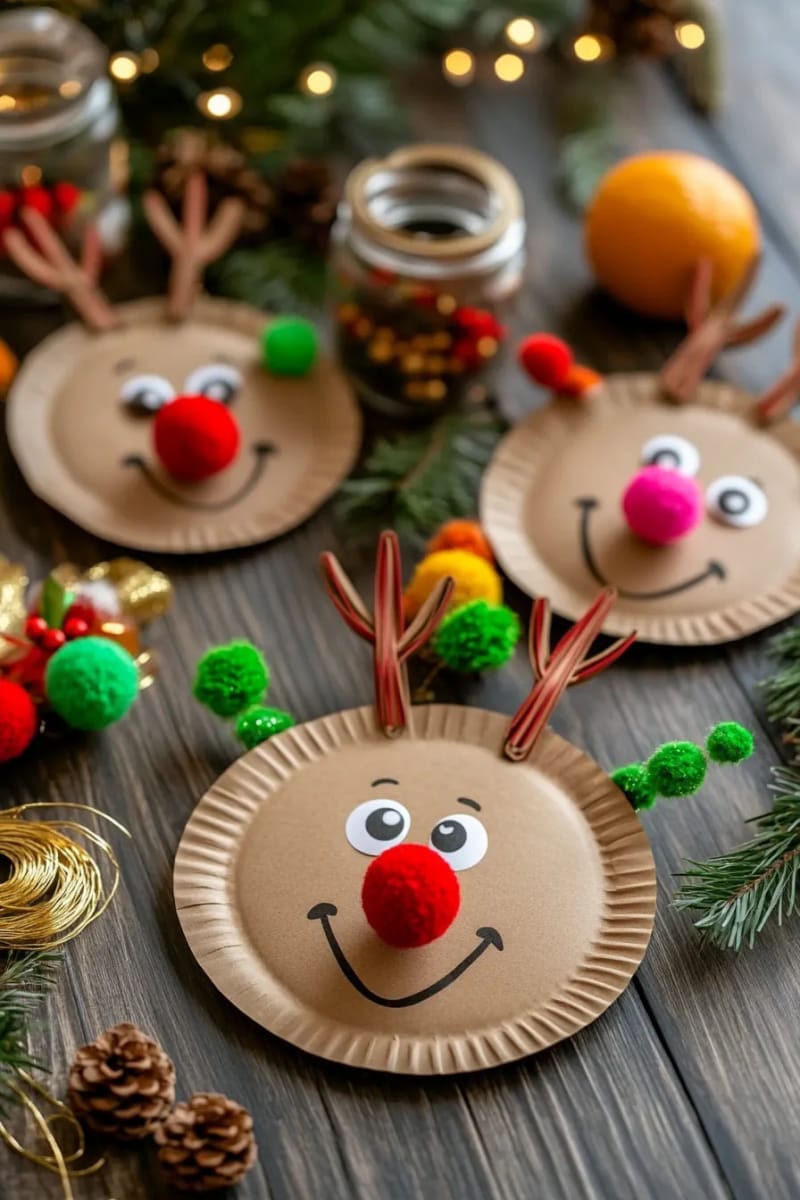 27 Unique Christmas Craft Decorations for Inspired Homes 101 paper plate reindeer faces with pom-pom noses and pipe cleaner antlers 1