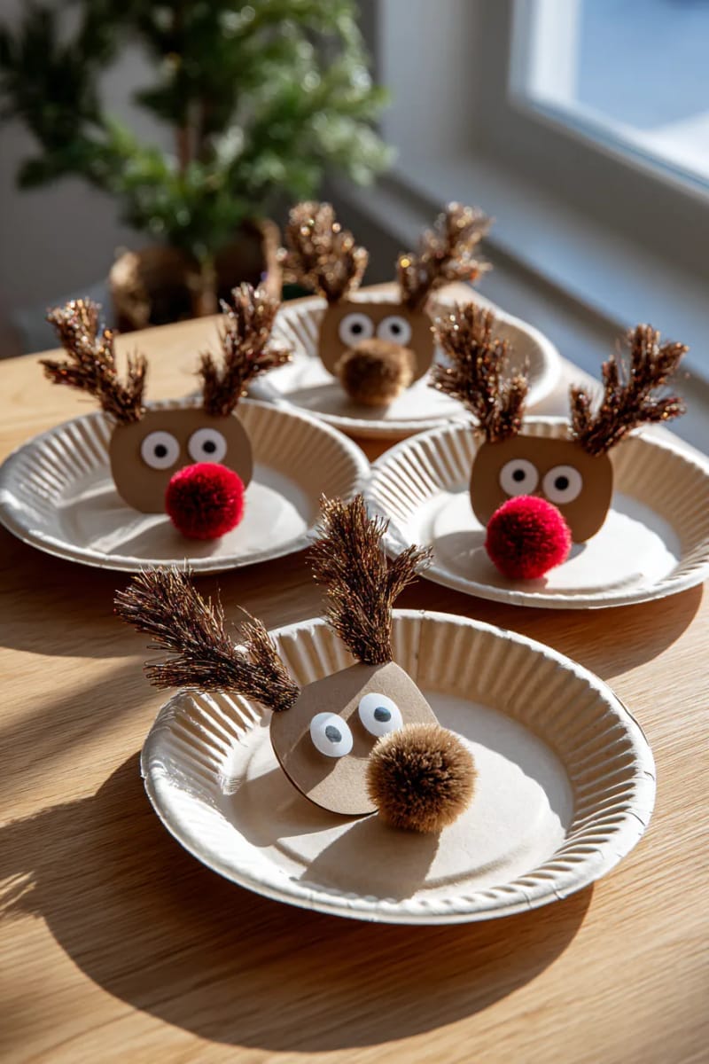 27 Unique Christmas Craft Decorations for Inspired Homes 102 paper plate reindeer faces with pom-pom noses and pipe cleaner antlers 1