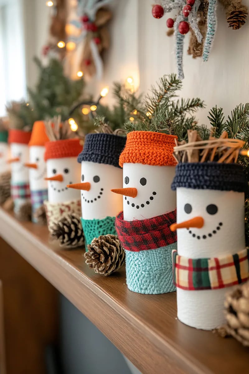 paper roll snowmen with button eyes and yarn scarves for mantel 58