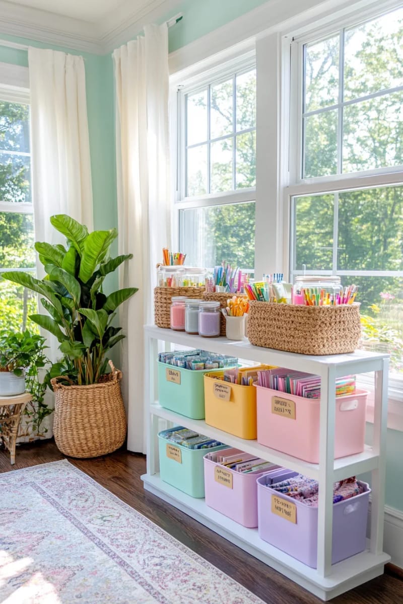 pastel storage bins stacked in an open shelving unit 1