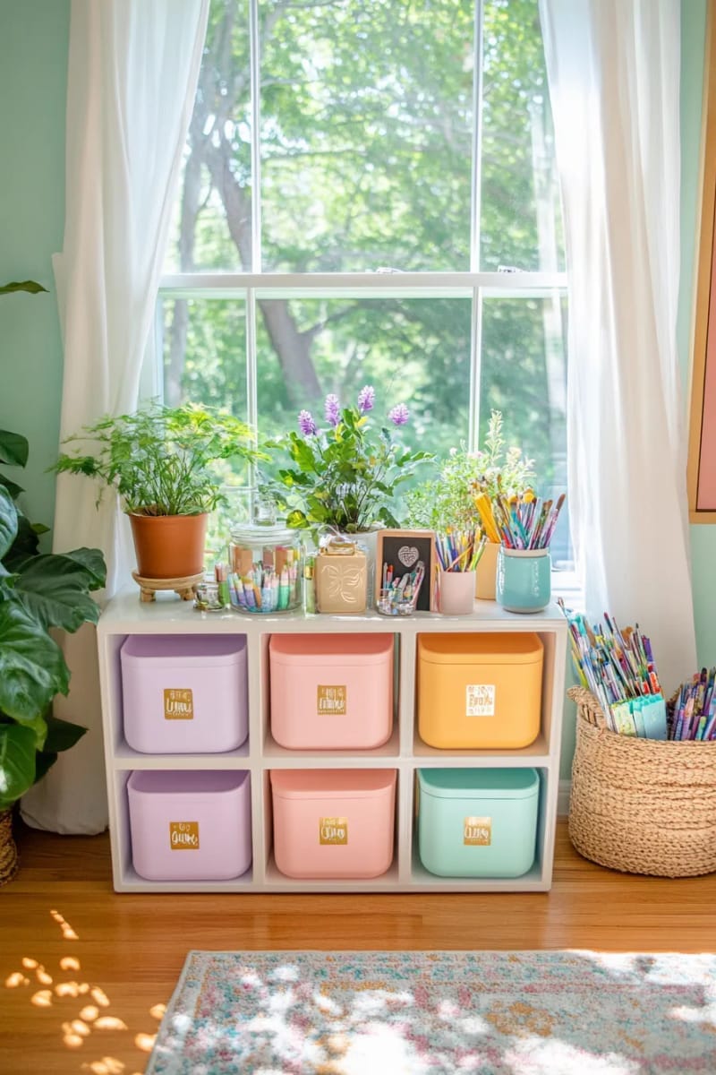 pastel storage bins stacked in an open shelving unit 1
