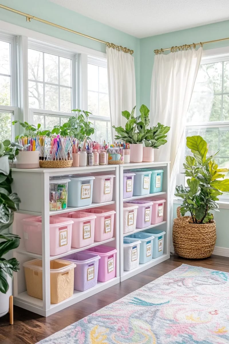 pastel storage bins stacked in an open shelving unit 1