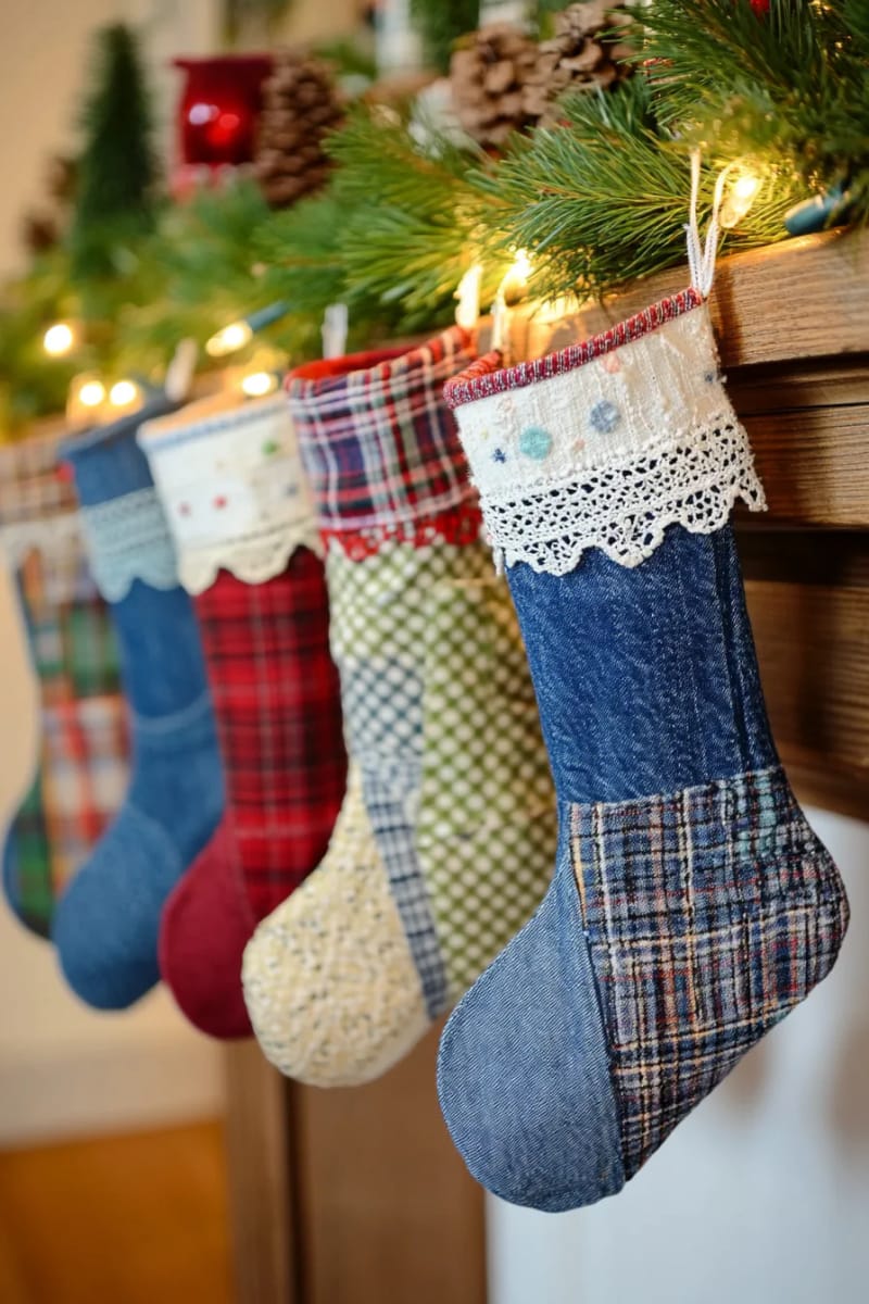 patchwork denim christmas stocking with lace trim and recycled fabric scraps 1