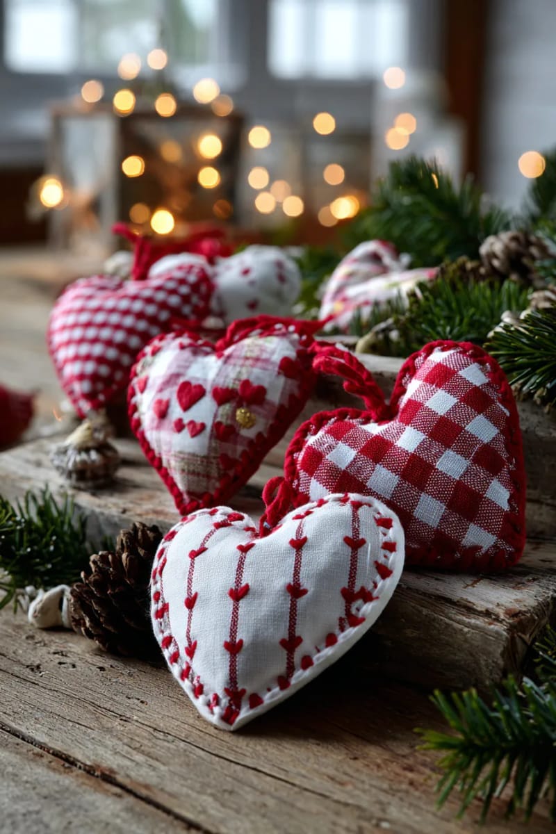 patchwork heart ornaments in red and white gingham fabric 1