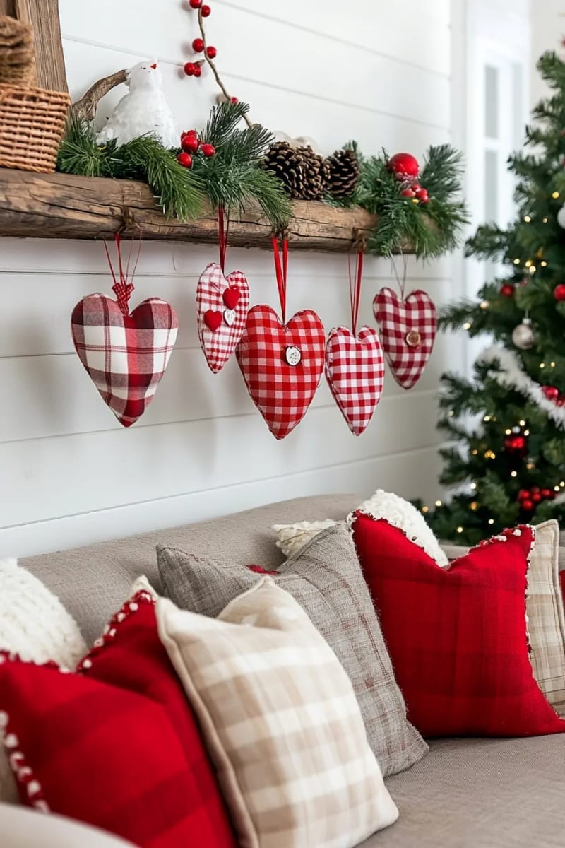 patchwork heart ornaments in red and white gingham fabric 1