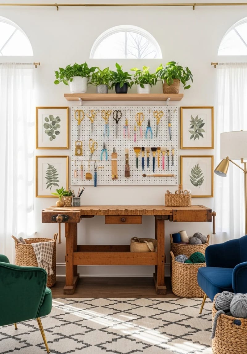pegboard organizer with gold hooks for stylish tool display 1