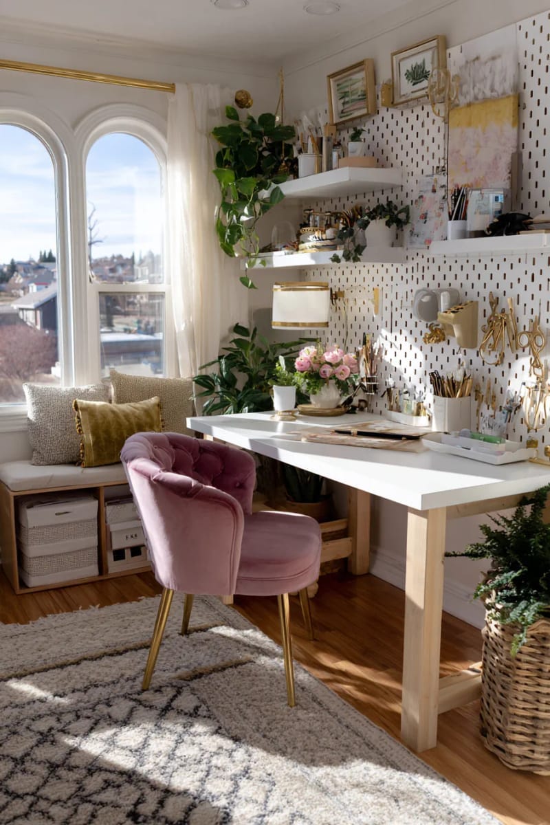 pegboard organizer with gold hooks for stylish tool display 1