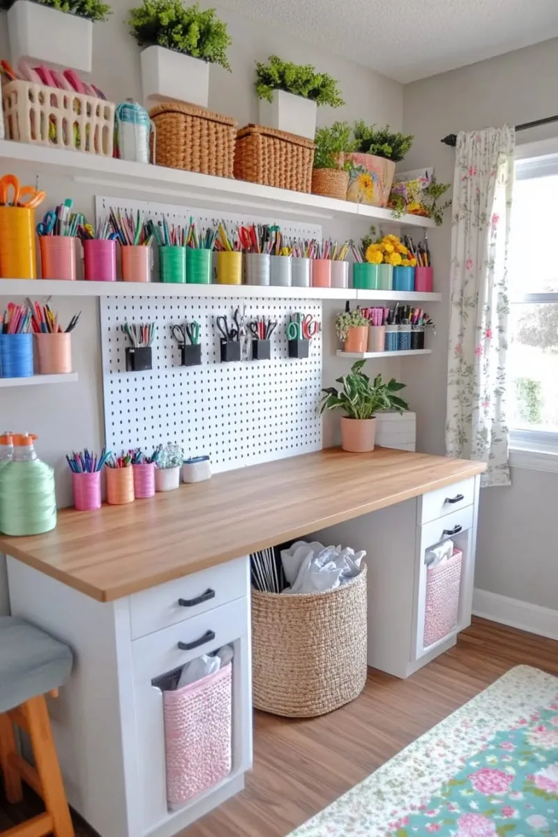 15 Sewing Room Organization Ideas to Declutter and Inspire Creativity 8 pegboard tool wall with labeled hooks for scissors, rulers, and rotary cutters 1